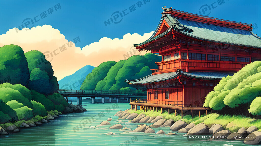 山水 古建 大江 手绘 卡通