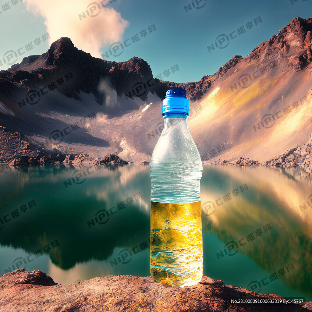 在火山湖上面放着矿泉水瓶