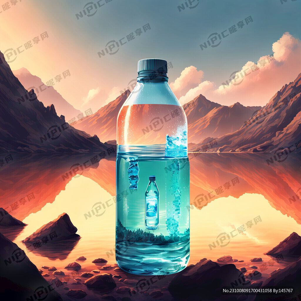 在火山湖上面放着矿泉水瓶