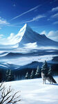 一匹狼看着远方的雪山