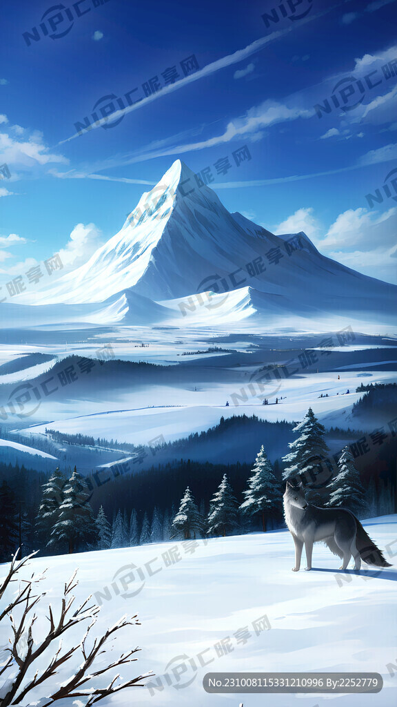 一匹狼看着远方的雪山