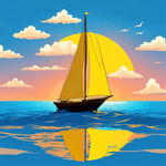 一只黄色的帆船在蓝色的大海中前，天空的左上角有个太阳，天空中还有几朵白云，卡通风格
