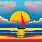 一只黄色的帆船在蓝色的大海中前，天空的左上角有个红色的太阳升起，天空中还有2朵白云，卡通风格