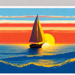 一只黄色的帆船在蓝色的大海中前行，天空的左上角有个红色的太阳升起，天空中还有几朵白云，卡通风格