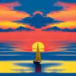 一只黄色的帆船在蓝色的大海中前行，天空的左上角有个红色的太阳升起，天空中还有几朵白云，活泼的卡通风格