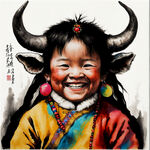 藏族小孩，笑的很开心，头戴牦牛角，穿上藏族服饰
