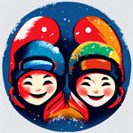 三个人组成的滑雪人物抽象图标，有笑脸或快乐元素，生成一个图标