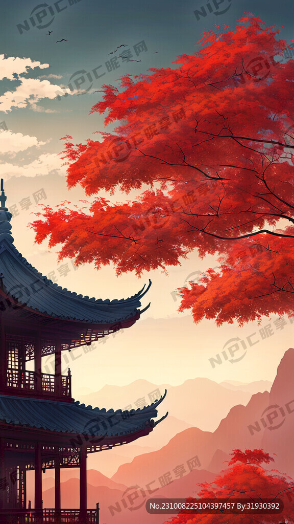 远方高山凉亭古塔太阳红色天空云