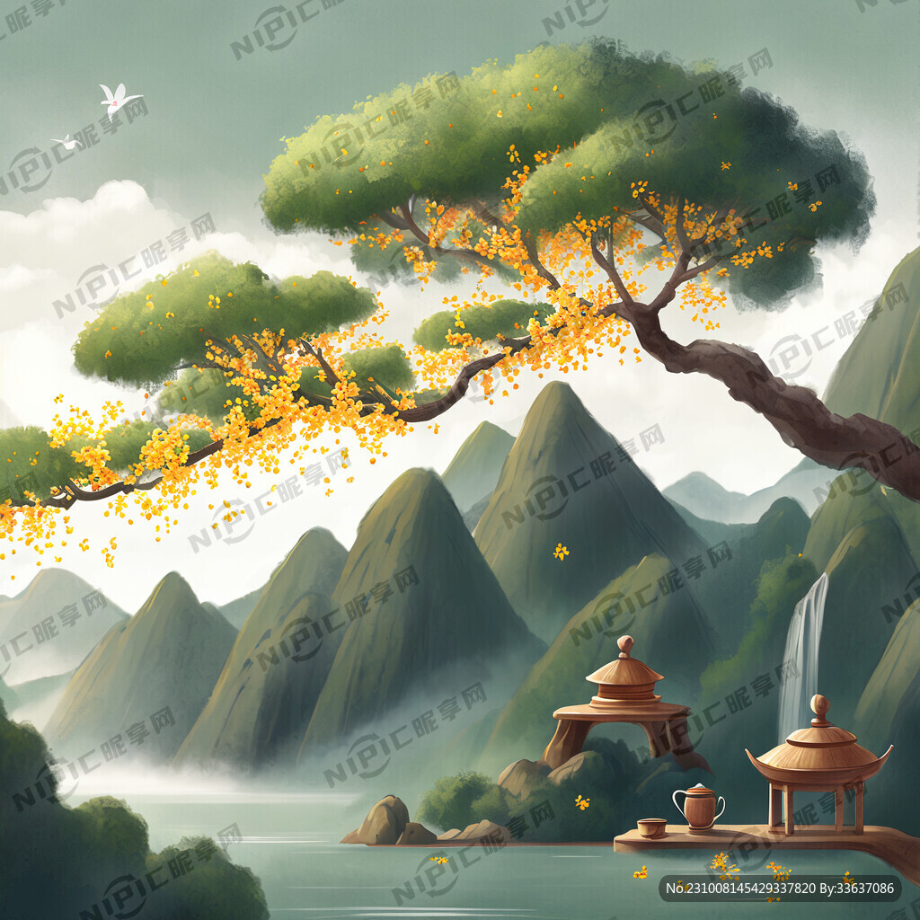 桂花桂花树插画青山秀丽山水品茶
