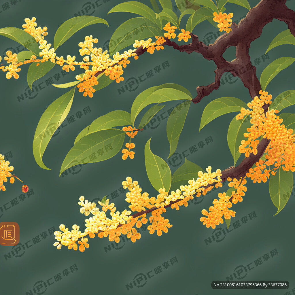 桂花桂花树插画青山秀丽山水品茶