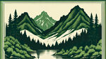 树林山水套色版画风格多层次绿色调