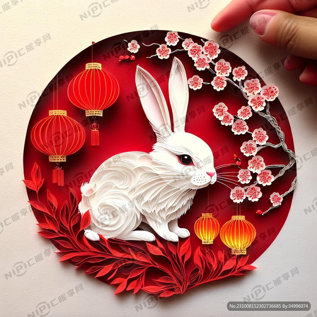衍纸艺术 春节 可爱兔子 红梅