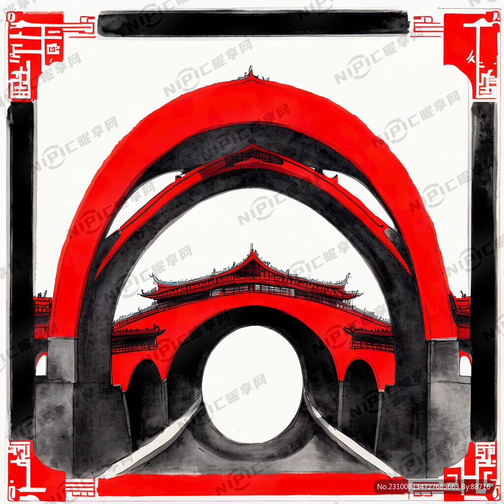 红色主体画三个拱桥形状的牌楼