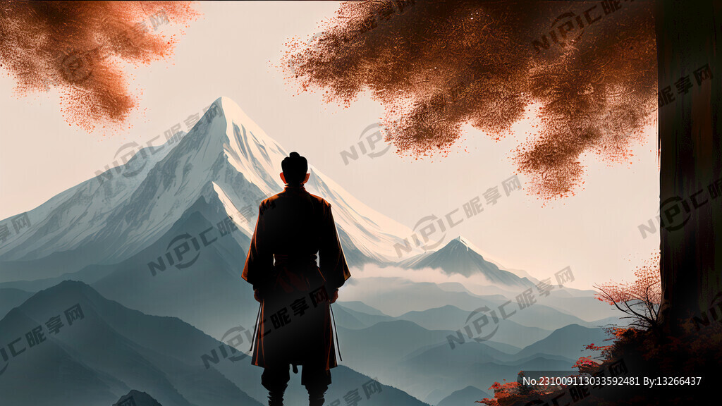 一个男人的背影 特写 背景神山