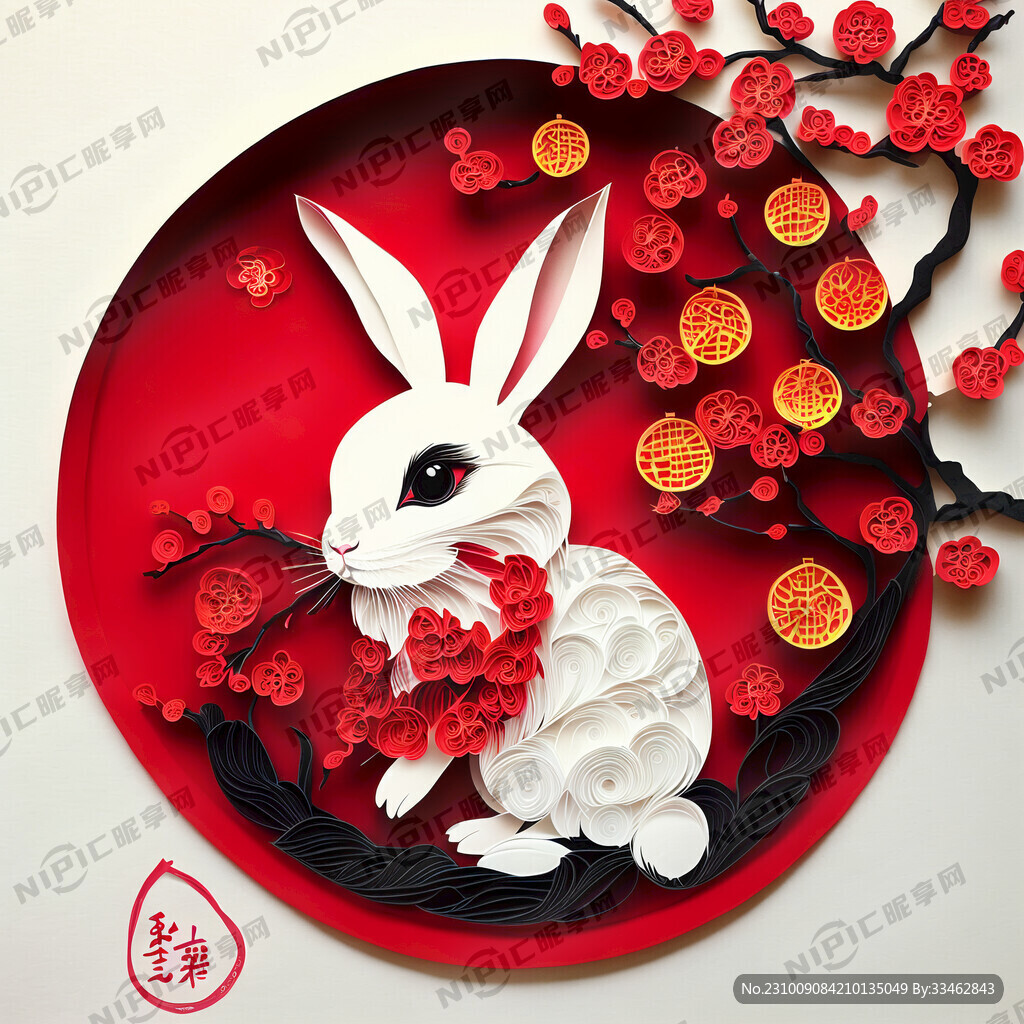 衍纸艺术 春节 可爱兔子 红梅