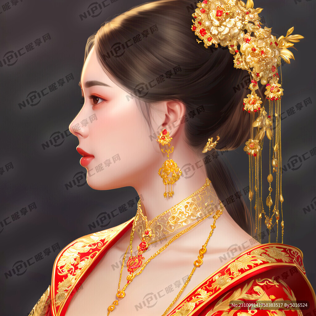戴黄金首饰黄金项链穿婚纱女孩侧