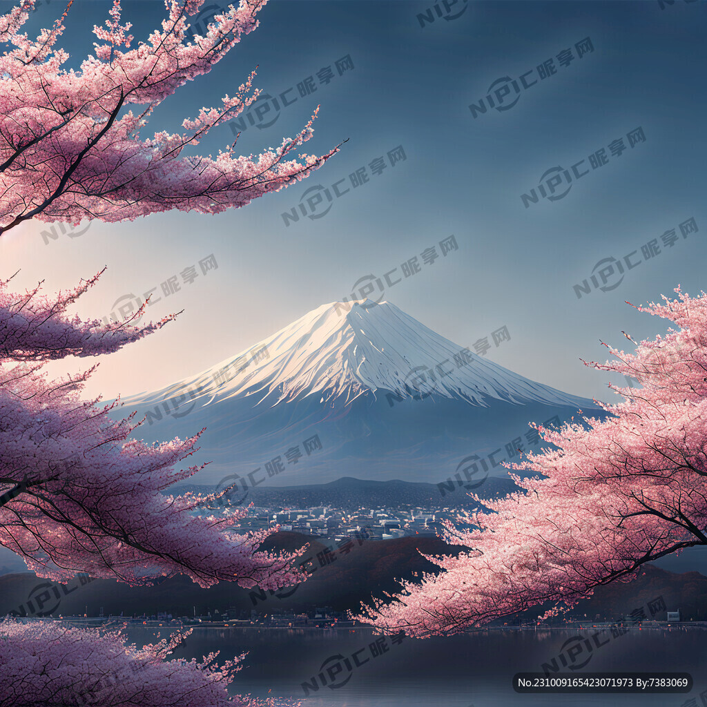 富士山唯美图 冷色调 樱花前景