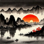 山水画，国画，水墨，太阳，河流,船只中国风