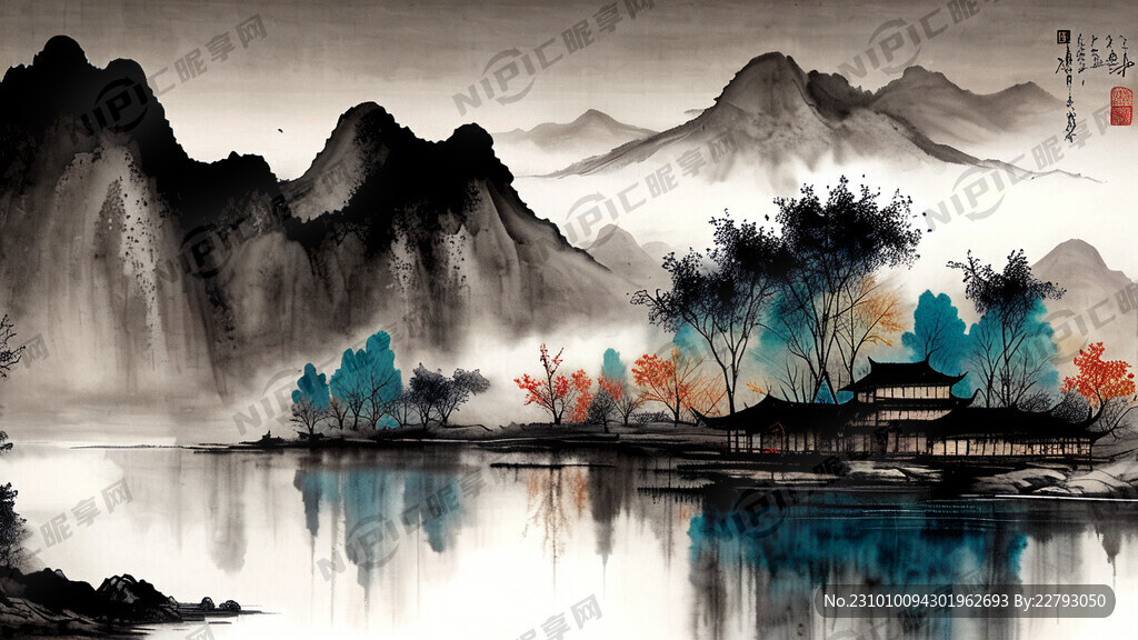 滆湖风光的水墨画 颜色浅淡一些