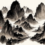 山谷，中国风，中国画，山水，水墨风格，写意，意境，高雅，高清，仙风道骨。