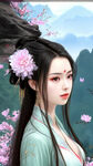 古风，清纯，温婉仙女，盛世容颜，倾国倾城，长发，体型苗条，古风动漫少女，唯美春日花神，面容精致，毛发精致，立体，超细节，超高清，水彩画，全身，真人美女，细腻，精美细节，氛围光，光影，细节，高质量，体积光，电影打光,纯色背景