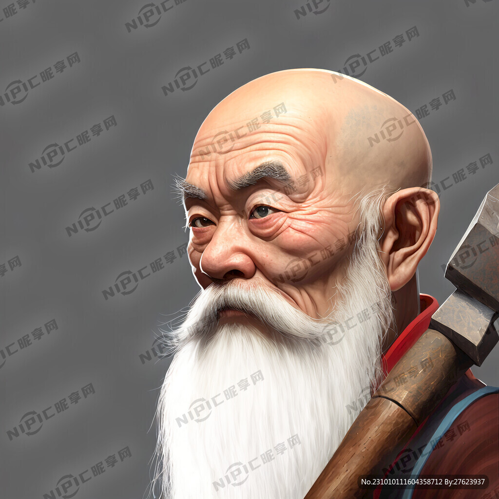 外国胡子老人侧脸手里拿着锤子