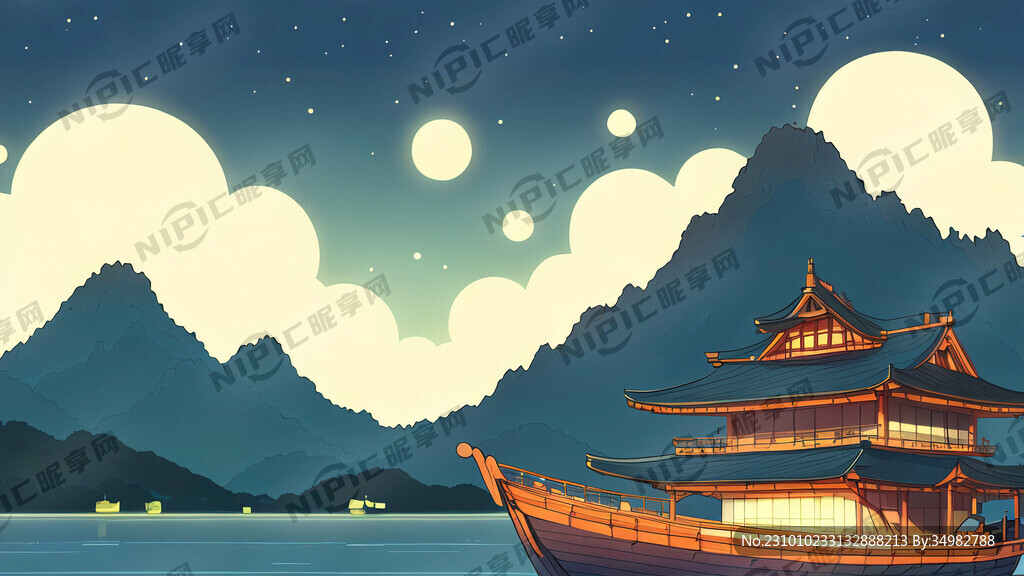 舟 夜晚 山 古 卡通 宫崎骏