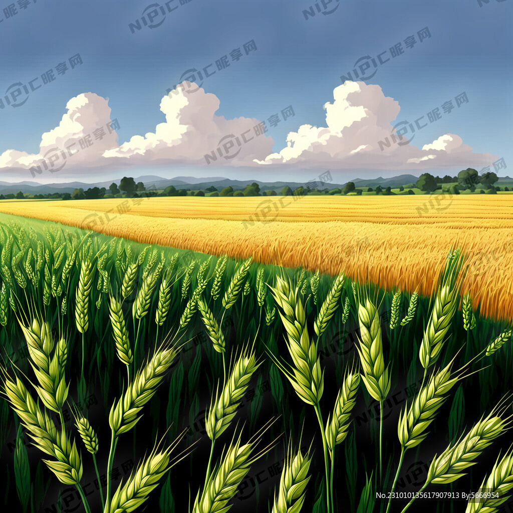 手绘 绿色燕麦田