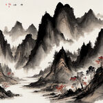山谷，中国风，中国画，山水，水墨风格，写意，意境，高雅，高清，仙风道骨。