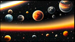 黑色背景，星空点点，九大行星，太阳系