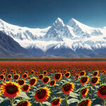 广角，葵花田园，突出红花籽，带白雪山