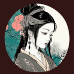 黑白剪影，卡通林黛玉遮羞，害羞，遮面，婉约，委婉，平面手绘，单色