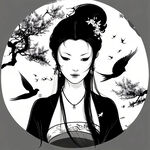 黑白剪影，卡通林黛玉遮羞，害羞，遮面，婉约，委婉，平面手绘，单色