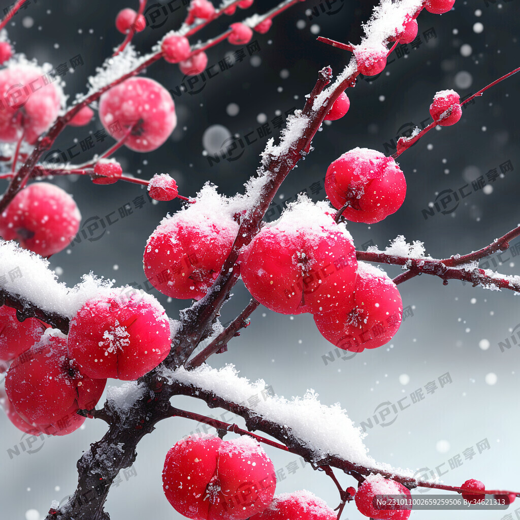 一枝鲜红的寒梅 上面有一层雪花