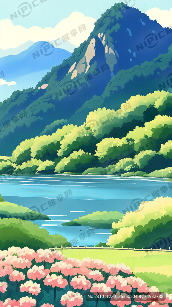 山水 花 篱笆 手绘 卡通