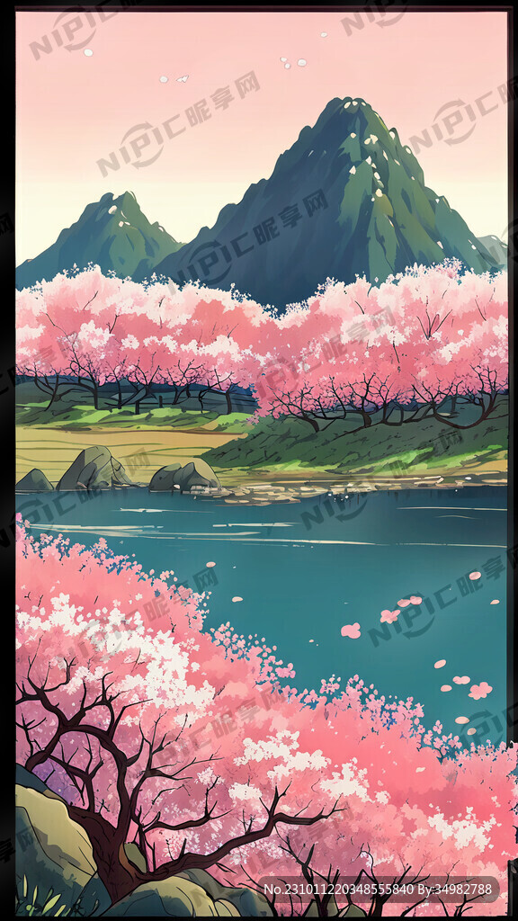 桃花 山水 古建 手绘 卡通