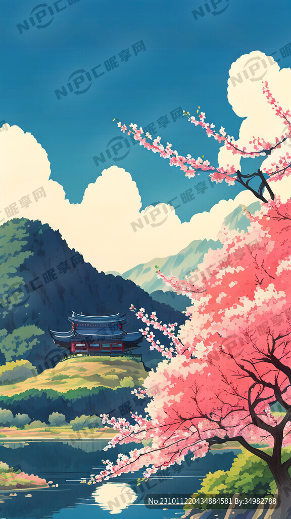 桃花 山水 古建 手绘 卡通