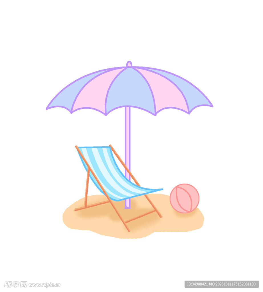 沙滩上的沙滩椅遮阳伞球扁平插画