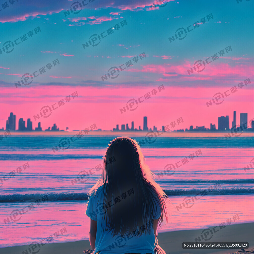 海边 沙滩 粉色天空 日出