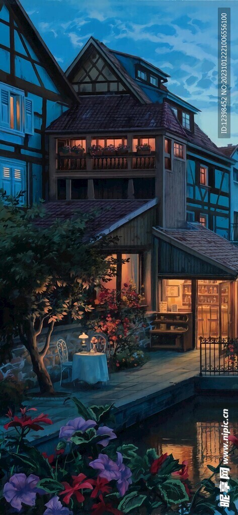 村庄夜景绘画