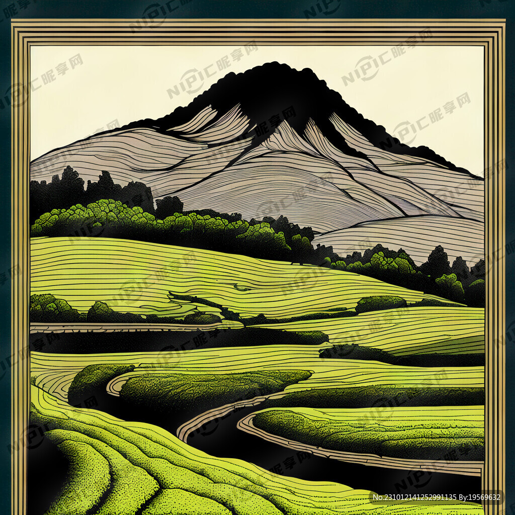 线条山水茶山图