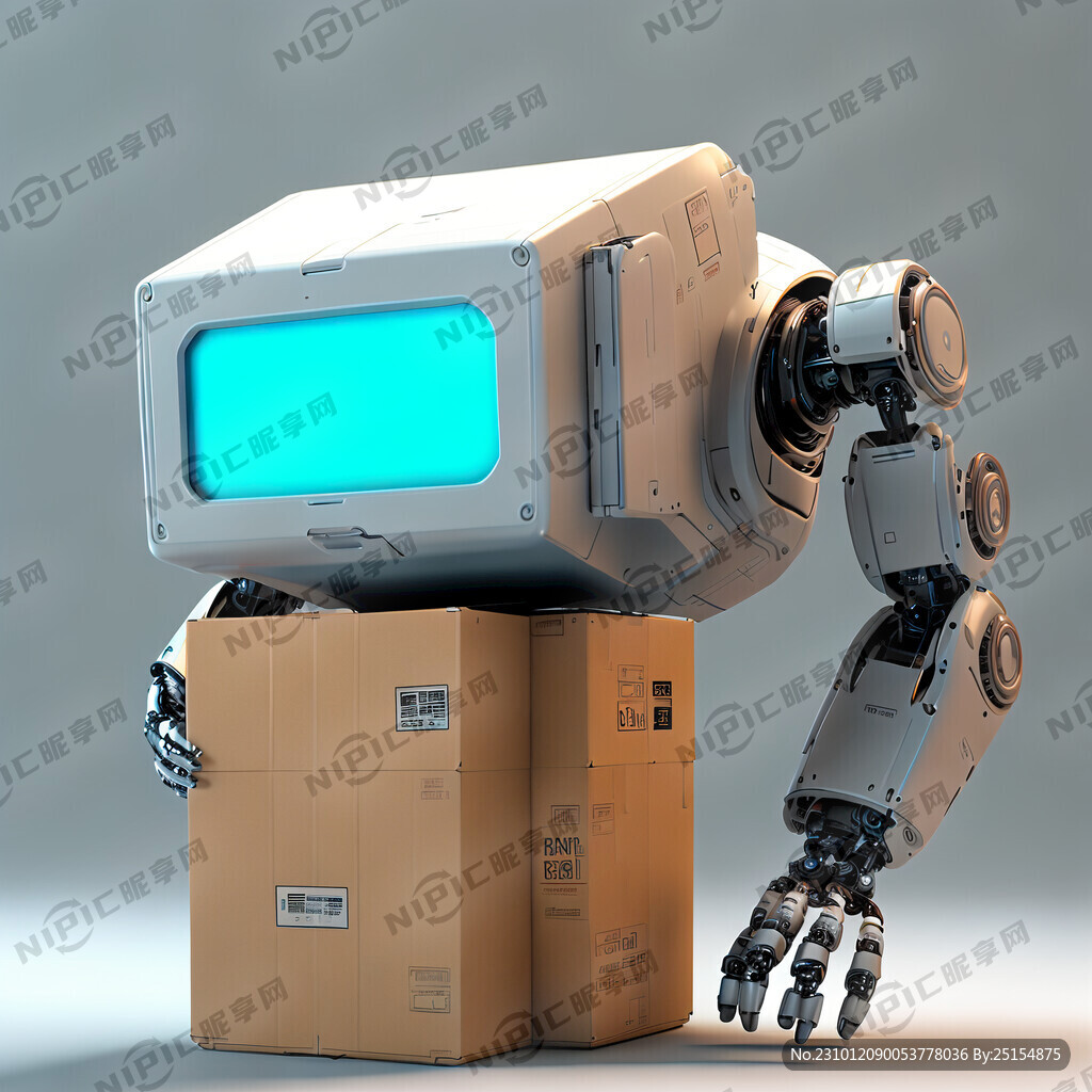 一个在搬运箱子的机器人 居中