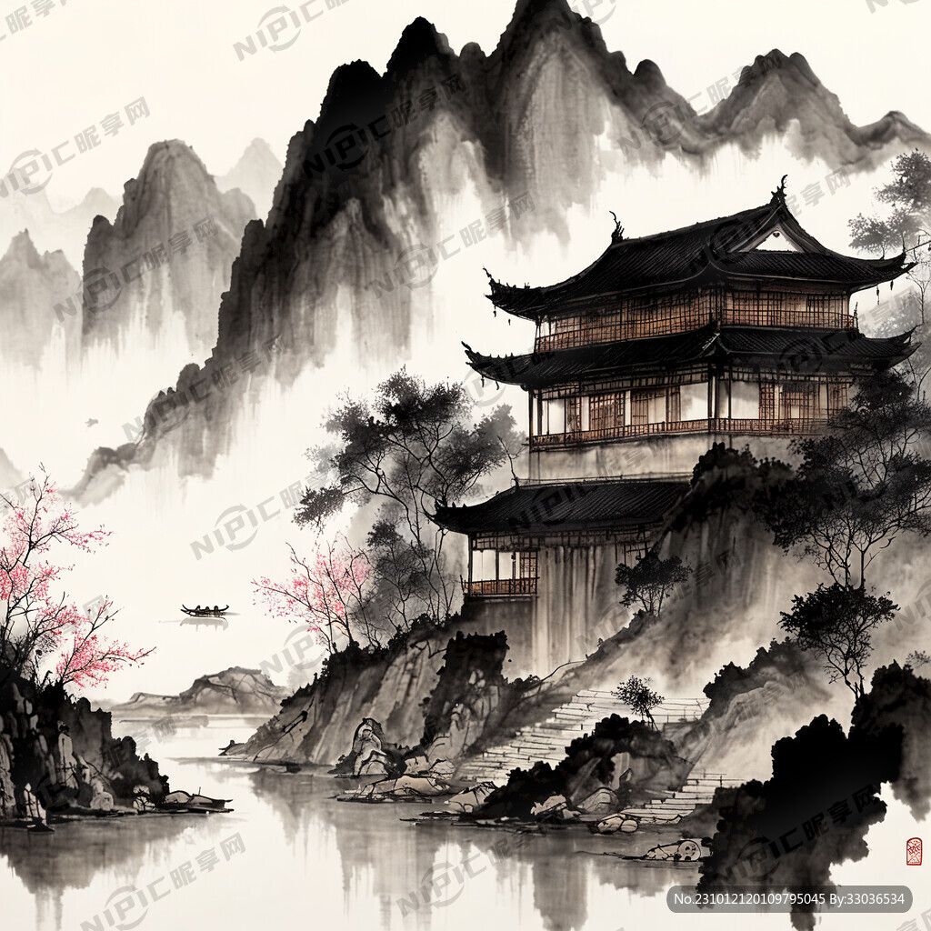 水墨山水加 山水之间有房子