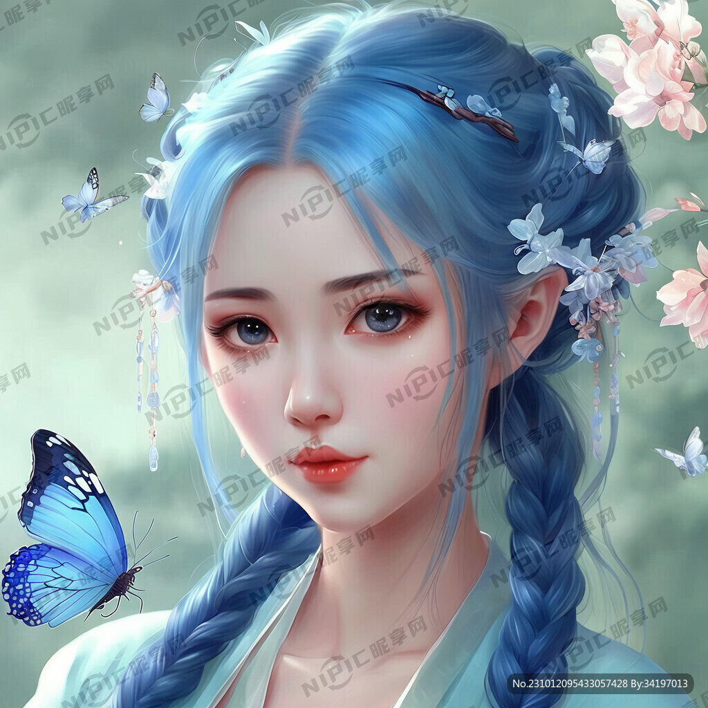 天蓝色头发眼睛 可爱 汉服