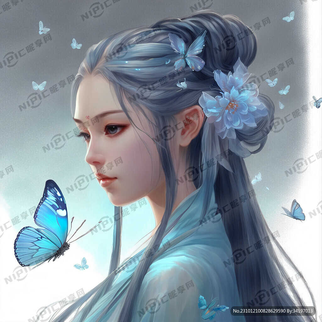 淡蓝色双麻花辫 汉服