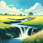 瀑布河流，平原草地，植物丰茂的春天，自然风光，阳光明亮，天空晴朗，细节丰富，儿童插画