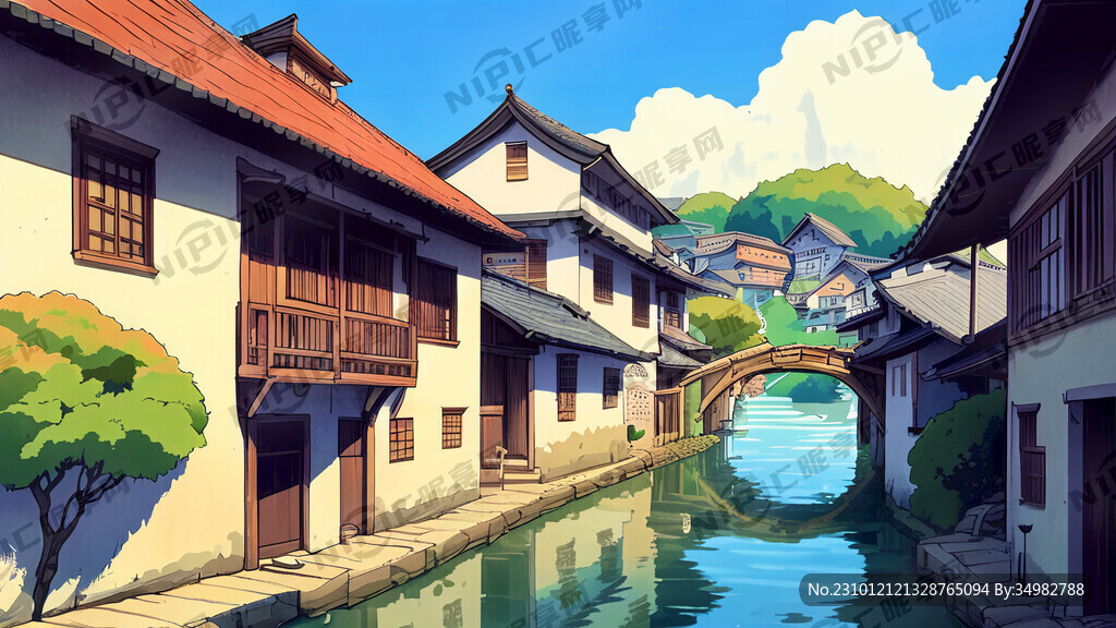 水乡 古村 山水 儿童 卡通
