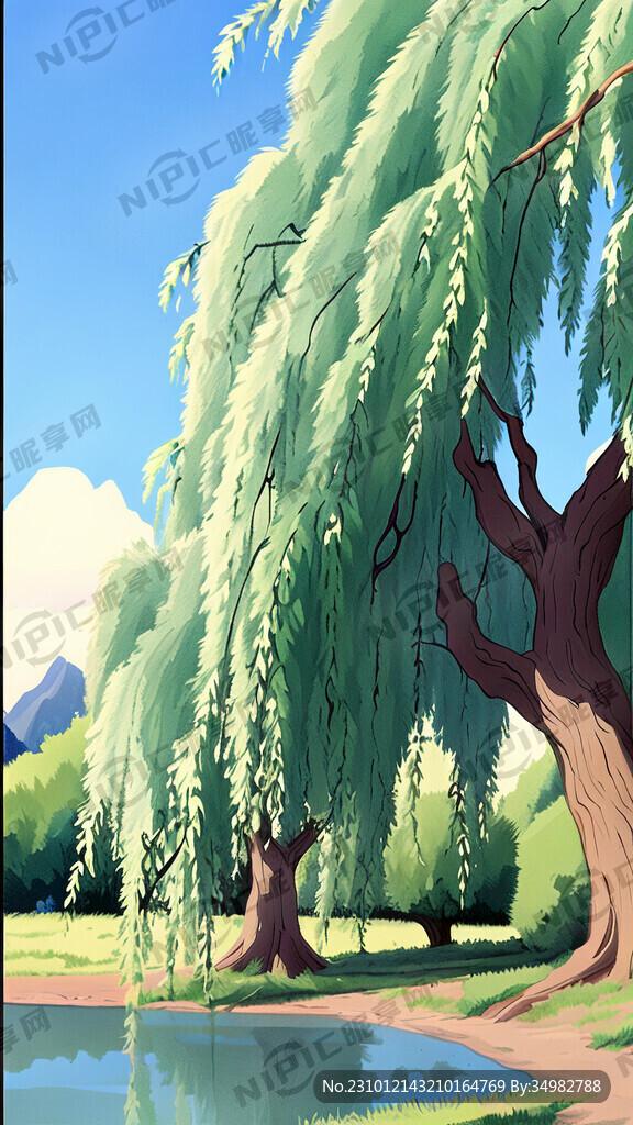 柳树 绿叶 手绘 宫崎骏 卡通