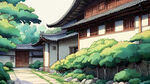 四合院，院子，手绘，卡通，宫崎骏，清新，壁纸