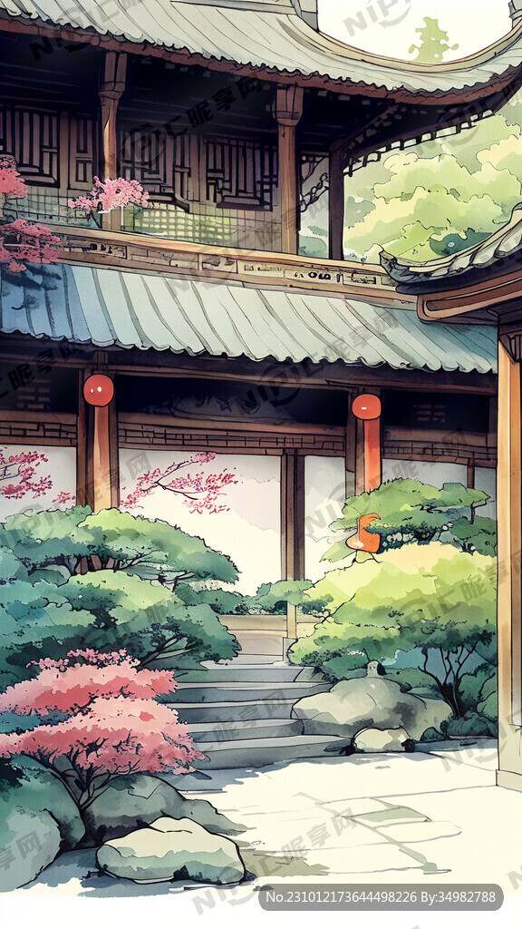 庭院 中式 手绘 卡通 宫崎骏
